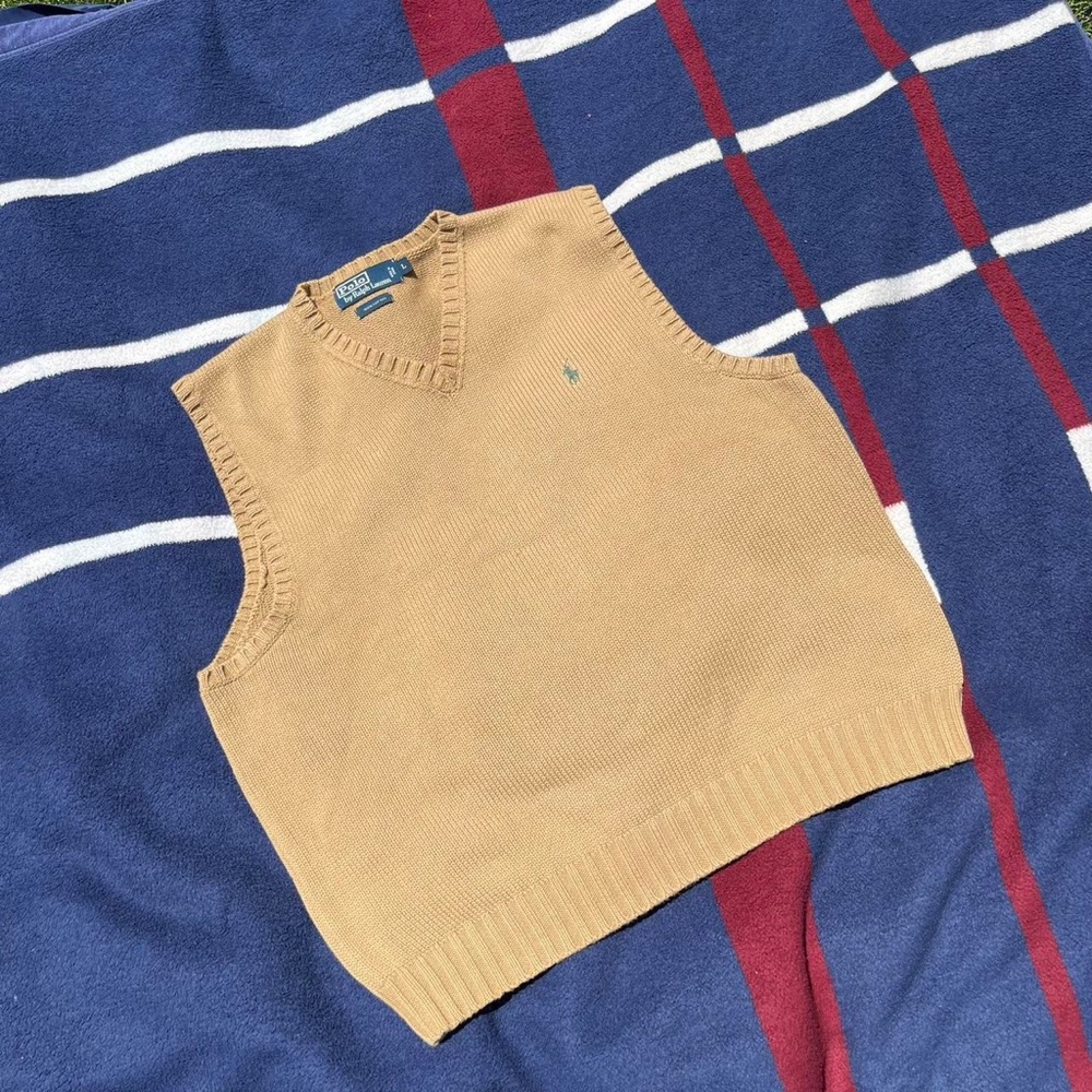 Polo Ralph Lauren Sweater Vest Mens Big L Beige Tan 100% Cotton V Neck Knit
